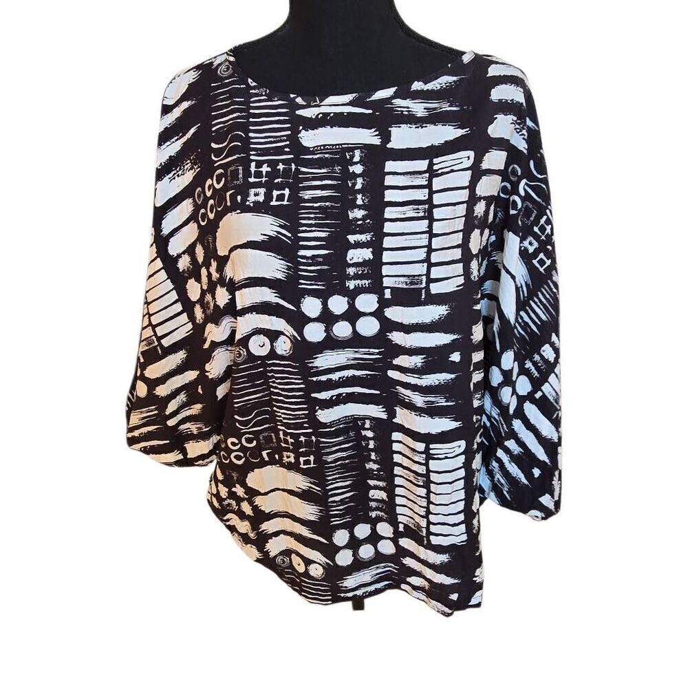 Shana Womens Abstract Art Print Dolman Sleeve Blouse Top Black White Large